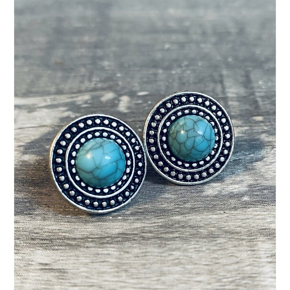 Vintage Southwestern Style Faux Turquoise Round Stud Pierced Earrings